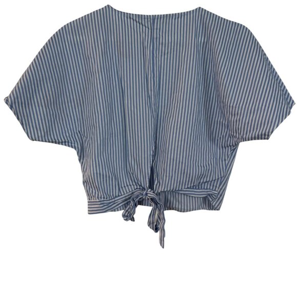 Zara Basic Womens Striped Tie-Front Top S Blue White Embroidered V-Neck Cotton B - Picture 4 of 5